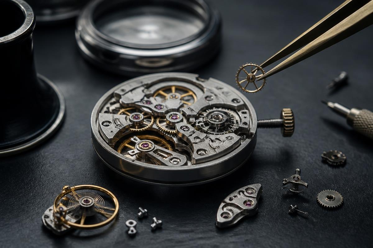 Zerlegtes mechanisches Uhrwerk auf der Werkbank des Uhrmachers